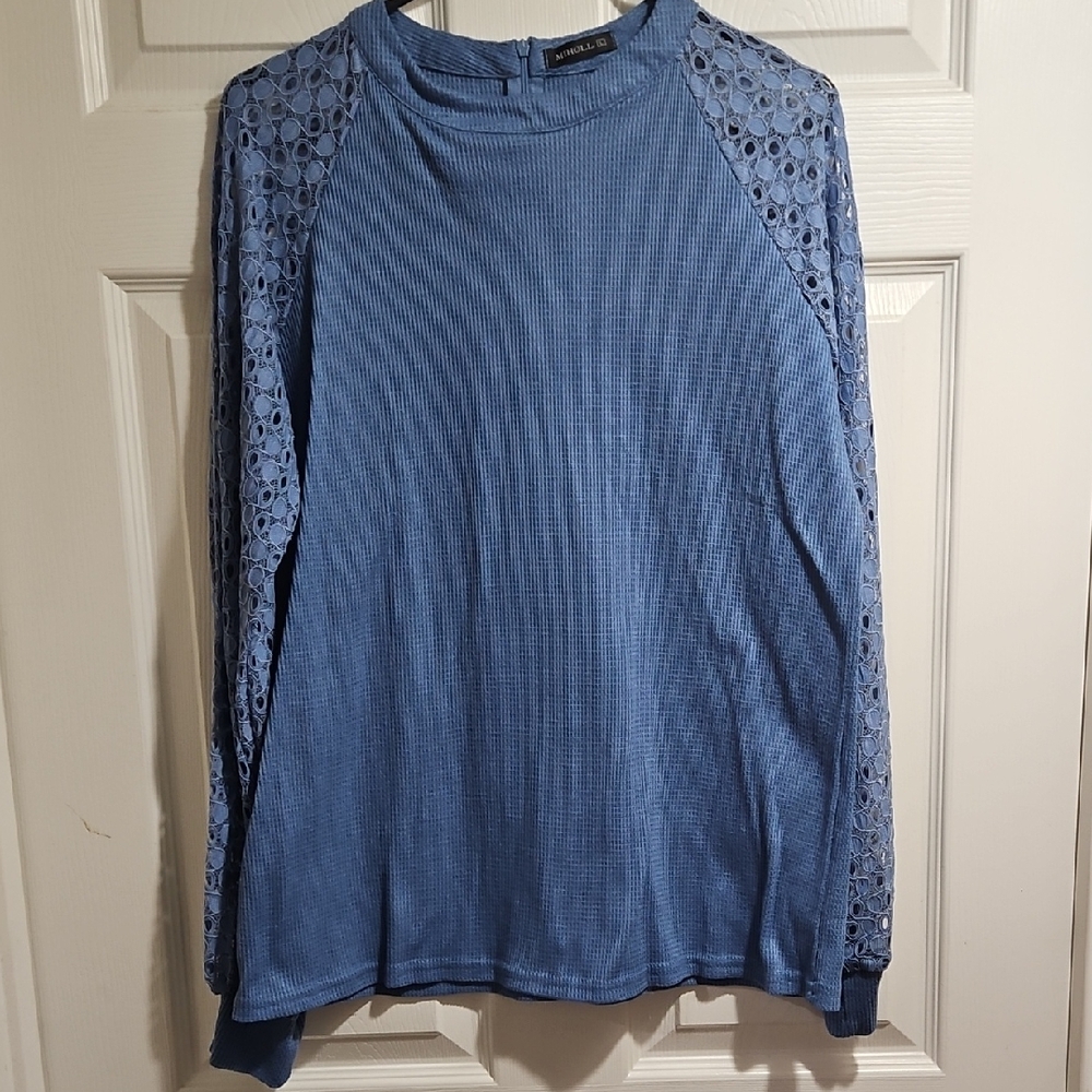 Blue Lace Sleeve Women's Blouse